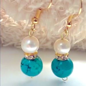 Real Pearl and Turquoise Earrings Gold Plated